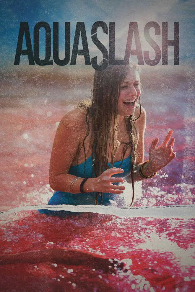The poster art for the film Aquaslash. It features a scared woman standing in a pool full of red liquid. The water comes up to her waist and she is wearing blue tank top.