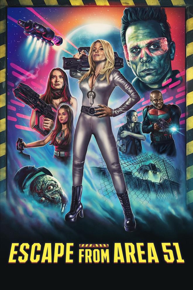 The film poster for Escape From Area 51. It features several characters in a hand-drawn sci-fi style, with neon colours. In the background is a planet which looks like Earth.