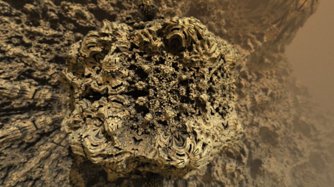 A computer generated image showing a tower of what looks to be some kind of alive metal with fancy geometric patterns, rising out the rock on some foreign planet.