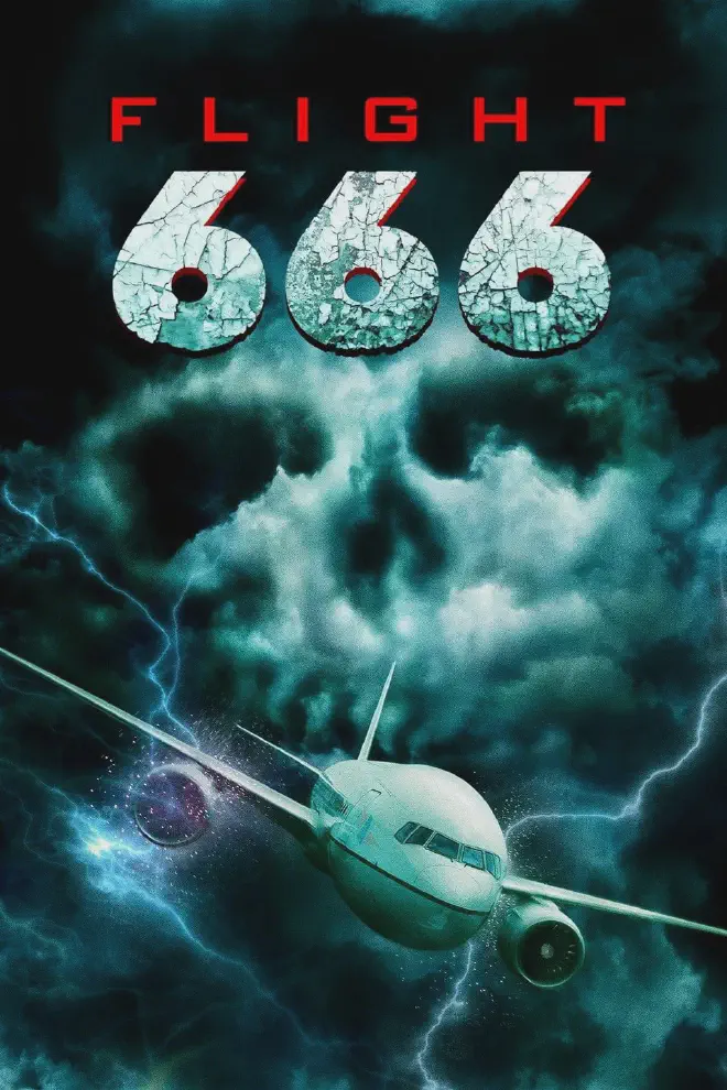 The poster art for the 2018 film, Flight 666. It features a commercial airliner flying through a storm. Lightning is striking the plane, and in the background a skull is formed out of clouds.