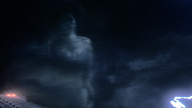 An image of scantily clad, ghostly woman, floating in the sky outside a plane. It&rsquo;s stormy and dark out, with lightning on camera. Her face looks beat up, like someone smashed it in.