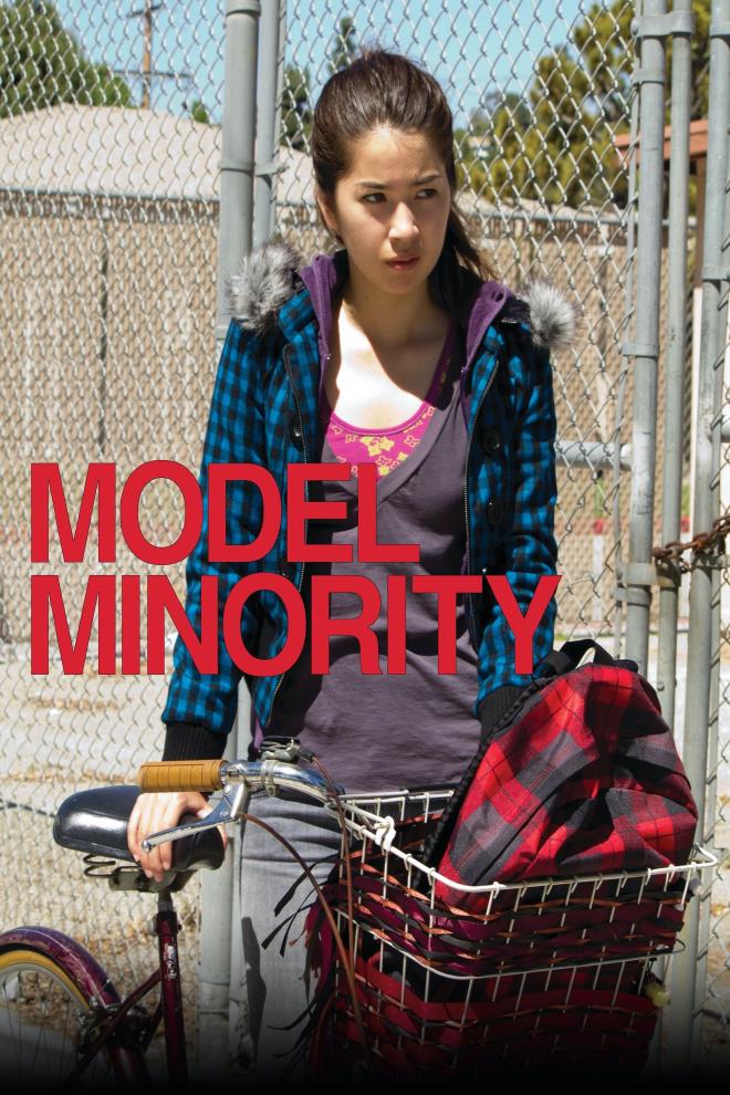 The poster for Model Minority. A young-looking Japanese-American girl is pushing her bike along a sidewalk, with chain link fences in the background. In the front basket of the bike is a backpack.