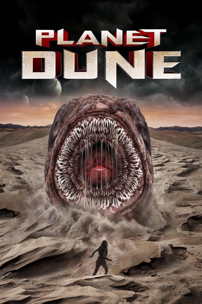 The Planet Dune poster. A large sand worm with it&rsquo;s mouth open is emerging from the desert sand. A long figure stands in front of it.