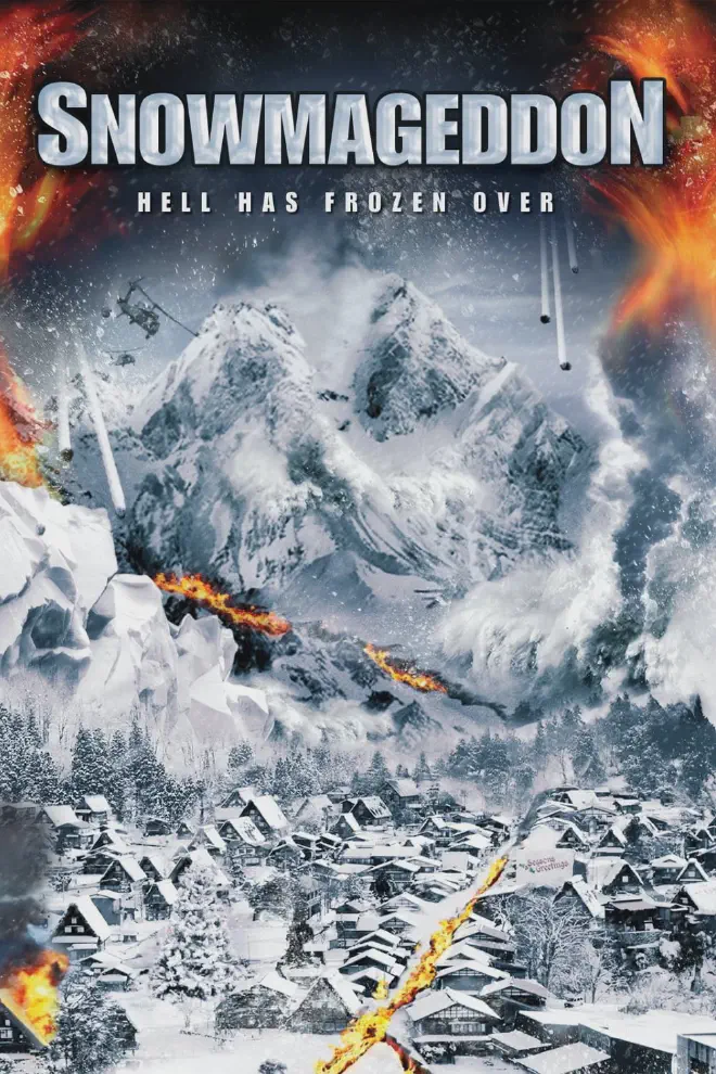 The poster art for the 2021 film, Snowmageddon. It features an idyllic valley town covered in snow. Behind the town is a looming, snow-covered mountain. There are various special effects overlayed on the image that makes it look like the mountain is erupting. Off to the side of the mountain is a helicopter flying.