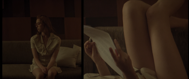 A side by side frame of Dany on a couch, in the left side she is sitting up and has her hands folded between her thighs. On the right side, she is laying back, with her legs resting over the back of the couch.